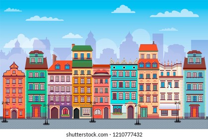 Flat cartoon multicolor colorful historic buildings city town Flat Warsaw cityscape panorama Poland, multi color street