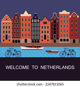 Flat cartoon multicolor colorful historic buildings city town Amsterdam, Holland. Welcome to Netherlands.