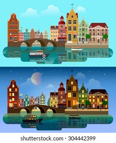 Flat cartoon multicolor colorful historic buildings city town suburb set day and sunset night Amsterdam Holland. River sea canal channel bridge boat embankment street. Urban life lifestyle collection.