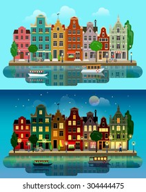 Flat cartoon multicolor colorful historic buildings city town suburb set day and sunset night Amsterdam Holland. River canal channel boat embankment street bicycles. Urban life lifestyle collection.