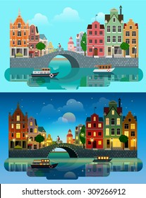 Flat Cartoon Multicolor Colorful Historic Buildings City Town Set Day And Sunset Night Amsterdam Holland, Venice Italy. River Sea Canal Channel Bridge Boat Embankment Bicycle Multi Color Street