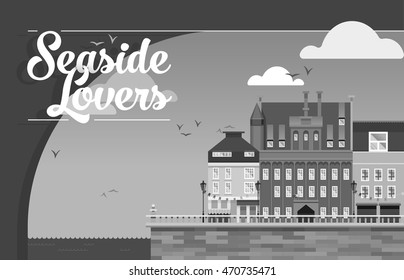 Flat cartoon multicolor historic buildings city town seaside cityscape Amsterdam Holland, Venice set. Urban lifestyle collection river sea canal, embankment beautiful street