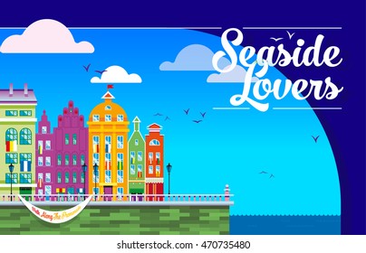 Flat cartoon multicolor historic buildings city town seaside cityscape Amsterdam Holland, Venice set. Urban lifestyle collection river sea canal, embankment beautiful street
