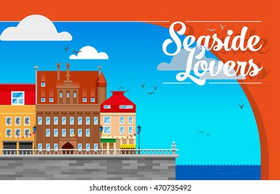Flat cartoon multicolor historic buildings city town seaside cityscape Amsterdam Holland, Venice set. Urban lifestyle collection river sea canal, embankment beautiful street
