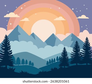 Flat cartoon nature Panoramic mountain and pine forest landscape of Geometric minimalist flat style. Sunrise mountains near the forest. Design for banner, blog post, social media template