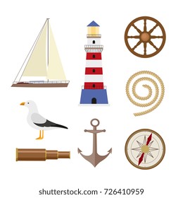 Flat cartoon nautical element set - lighthouse, anchor, compass, ship, rope, seagull, steering wheel, telescope, vector illustration isolated on white background. Set of flat style nautical objects
