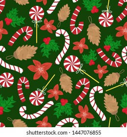 Flat cartoon new year seamless pattern. Lollipops, cones, red flowers.