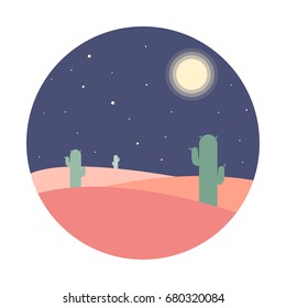Flat cartoon night desert landscape with cactus silhouette in circle. Background vector illustration.