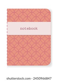 Flat cartoon notebook vector illustration isolated on white background. Geometric pattern cover design. Minimalistic and modern graphic element clip art. Red color.