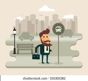 Flat Cartoon Office Worker Standing and Waiting for a Bus. Big City Silhouette on the Background. Vector Illustration