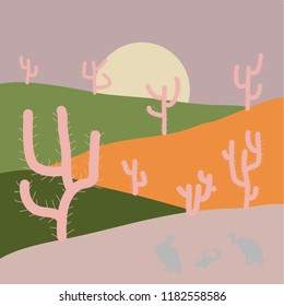 Flat cartoon on gray, green and neutral colors. Vector illustration. Cactuse and mountains in desert landscape, sunset in cannon, Background scene with stones and sand.