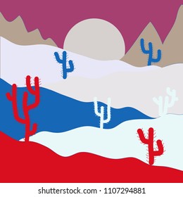 Flat cartoon on gray, red and pink colors. Vector illustration. Cactuse and mountains in desert landscape, sunset in cannon, Background scene with stones and sand.