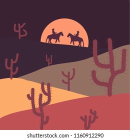 Flat cartoon on purple, pink and beige colors. Vector illustration. Cactuse and mountains in desert landscape, sunset in cannon, Background scene with stones and sand.