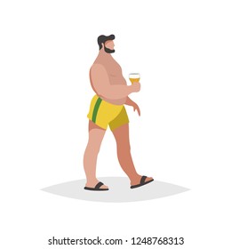 Flat cartoon overweight  chubby man on the beach. Wearing yellow shorts and black flip flops, holding beer. Trendy style vector illustration isolated on white background. 