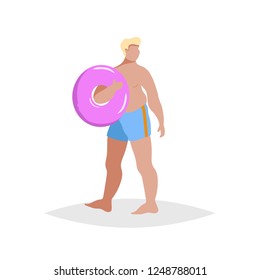 Flat cartoon overweight chubby young man on the beach. Wearing blue shorts, holding pink rubber ring. Trendy style vector illustration isolated on white background.