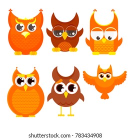 Flat cartoon owl set, owls with big eyes and small wings, vector illustration isolated on white background