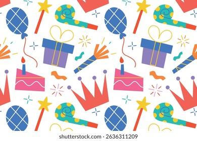 Flat cartoon pattern of birthday party celebration. Cake with candle vector illustration, gift and balloon, kids festive mood, childhood joy, holiday design, seamless background for decoration