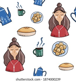 Flat cartoon pattern with girl, pie and tea. Fabric cooking design