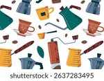 Flat cartoon pattern of home coffee brewing. Vector illustrations of moka pot, cezve, gooseneck kettle, coffee cups, manual grinder, beans and leaves, cozy kitchen vibe, morning ritual, cafe style