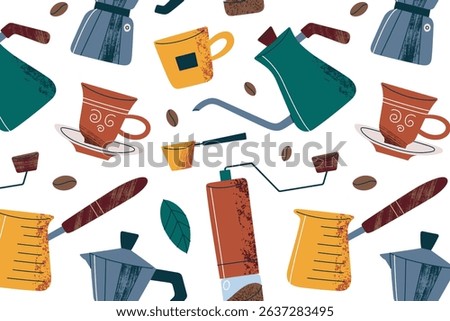 Flat cartoon pattern of home coffee brewing. Vector illustrations of moka pot, cezve, gooseneck kettle, coffee cups, manual grinder, beans and leaves, cozy kitchen vibe, morning ritual, cafe style