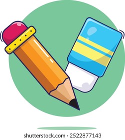 Flat cartoon Pencil and Eraser vector icon mascot symbol illustration. Flat cartoon style concept