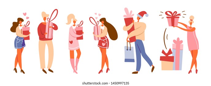 Flat cartoon people collection holding gift boxes and shopping bag from purchases, wearing Santa's hats. Men and women preparing for celebration or holidays, walking and standing. Vector illustration.