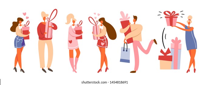 Flat cartoon people collection holding gift boxes with bows and shopping bag from purchases. Men and women preparing for celebration or holidays, walking and standing. Isolated vector illustration.