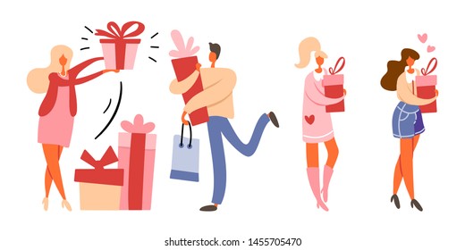 Flat cartoon people collection holding gift boxes with bows and shopping bag from purchases. Men and women preparing for celebration or holidays, walking and standing. Isolated vector illustration.