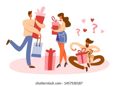 Flat cartoon people collection holding gift boxes with bows and shopping bag from purchases. Men and women preparing for celebration or holidays, walking and standing. Isolated vector illustration.
