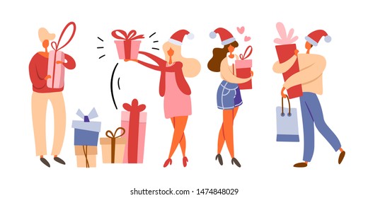 Flat cartoon people collection holding gift boxes and shopping bag from purchases, wearing Santa's hats. Men and women preparing for celebration or holidays, walking and standing. Vector illustration.