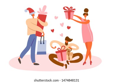 Flat cartoon people collection holding gift boxes with bows and shopping bag from purchases. Men and women preparing for celebration or holidays, walking and standing. Isolated vector illustration.