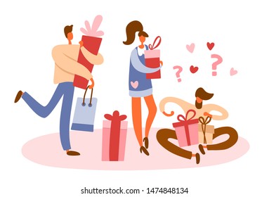 Flat cartoon people collection holding gift boxes with bows and shopping bag from purchases. Men and women preparing for celebration or holidays, walking and standing. Isolated vector illustration.