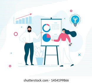 Flat Cartoon People Office Worker Characters Report Showing Statistics in Charts on Interactive Dashboard. Man Analyzing Database and Woman Brainstorming. Vector Financial Management Illustration