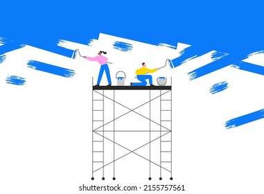 Flat Cartoon People Painting Wall Together. Modern Style Illustration Of Man And Woman Painters With Paint Roller For Under Construction Concept Or Web Design.