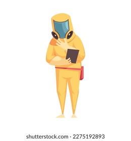 Flat cartoon pest control service specialist disinfector in protective suit vector illustration