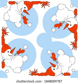 Flat cartoon picture with a snowman. The snowman rolls over. Red Pattern Elements create a seamless square ornament.
