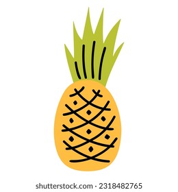 Flat Cartoon Pineapple. Hand Drawn Fruit Illustration