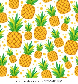 Flat cartoon pineapple pattern, vector illustration isolated on white background, juicy repeat pattern