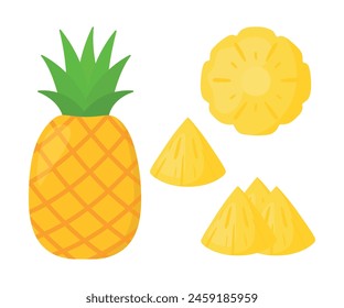 Flat cartoon Pineapple and Slices Set Collection Tropical Summer Fruit Icon clip art vector illustration design for kids and children books for learning fruits and alphabet