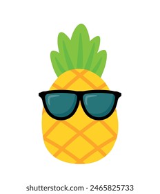 Flat cartoon Pineapple Wearing Black Sunglasses Tropical Summer Fruit Icon clip art vector illustration design for kids and children books for learning fruits and alphabet
