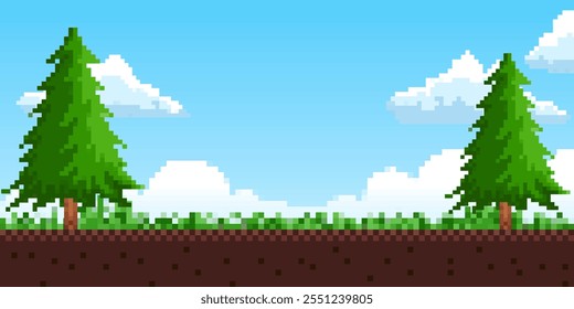 Flat cartoon of pixel art illustration of landscape background. Pixel arcade display for game design. 8-bit retro-style game design concept