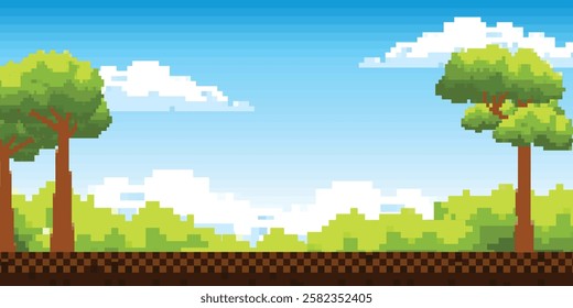 Flat cartoon of pixel art illustration of landscape Green garden background. Pixel arcade display for game design. 8-bit retro-style game design