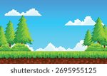 Flat cartoon of pixel art landscape illustration background for Retro Game Design