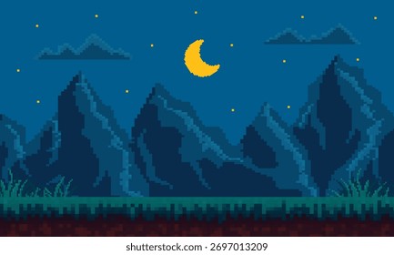 Flat cartoon of pixel art landscape art night illustration for Retro Game Design background