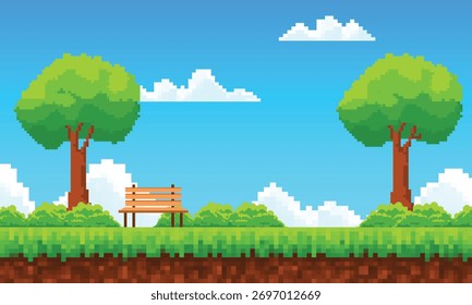 Dibujos animados planos del paisaje del parque del arte del pixel con el fondo azul de la ilustración del cielo