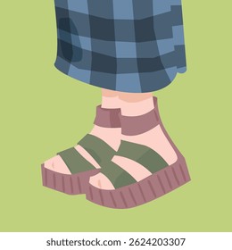 Flat cartoon platform sandals illustration featuring a chunky sandal on a foot with rolled-up pants. Earthy tones and relaxed summer fashion in a simple vector style.