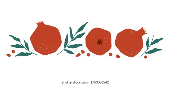Flat cartoon pomegranate set isolated on white background. Vector tropical fruit for print, textile, wrapping paper and decoration design. Simple vegetarian healthy food vector illustration