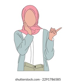 Flat cartoon portrait of cheerful young woman in hijab pointing to copy space. Vector illustration.