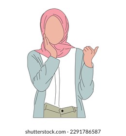 Flat cartoon portrait of cheerful young woman in hijab pointing to copy space. Vector illustration.