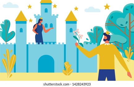 Flat Cartoon Prince and Princess for Fairytale. Fantastic Night Dating. Man Character with Flower Came to Betrothed. Professional Actors Playing Roles in Movie. Vector Magic Castle Illustration